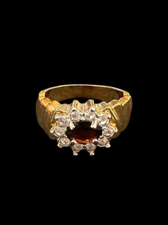 None Jewelry - Gold-Tone Simulated Diamond Ring Size 8 Oval Center Stone With Halo Accent Setti